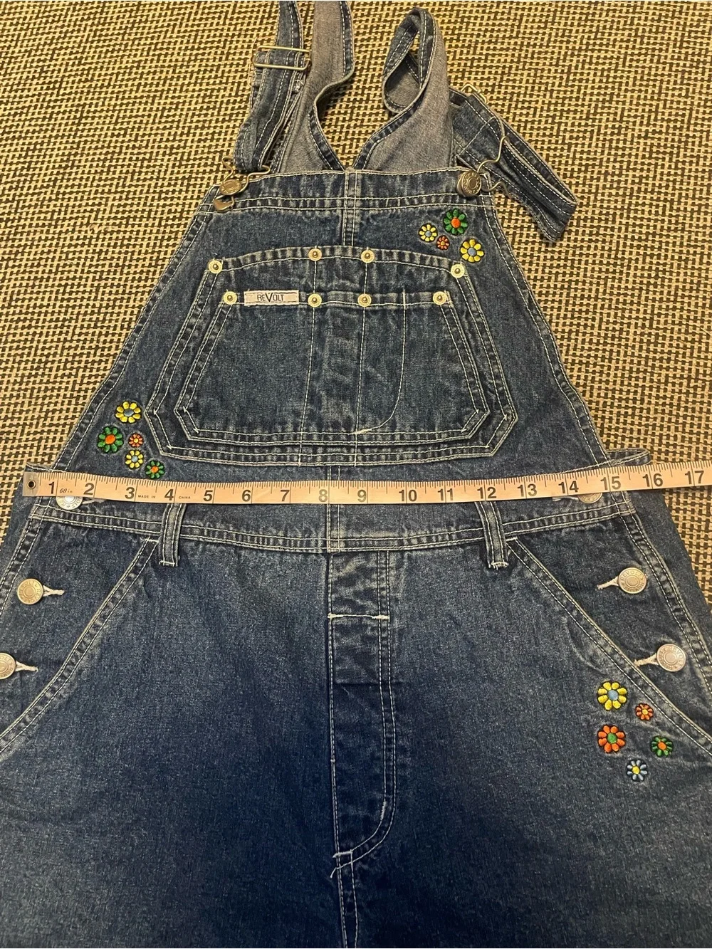 Vintage Revolt Short Denim Floral Overall Romper - Dark Blue - Picture 4 of 6